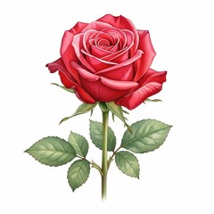 Beautiful single red rose illustration with a charming watercolor aesthetic, delicate crimson petals, vibrant green leaves, symbolizing love, passion, and natural beauty