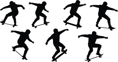 Silhouettes of skateboarders performing tricks, jumping, balancing, flipping, extreme sport action, youth lifestyle, skateboarding culture, dynamic movement, energy, performance