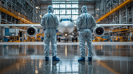 Workers in hazmat suits inspect aircraft in a hangar Generative AI