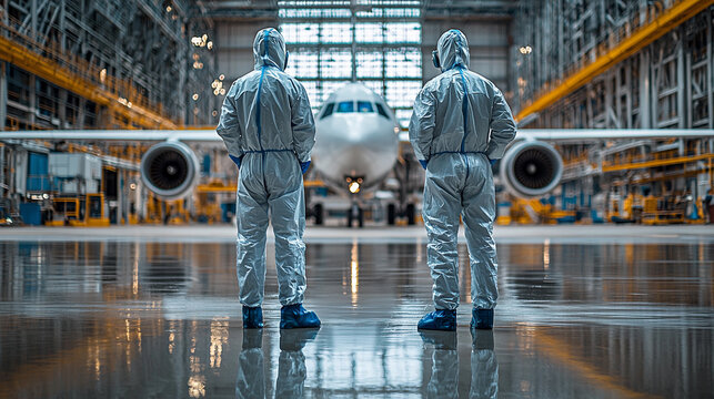 Workers in hazmat suits inspect aircraft in a hangar Generative AI