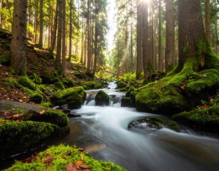Obraz premium Sunlight streams through a mossy forest stream