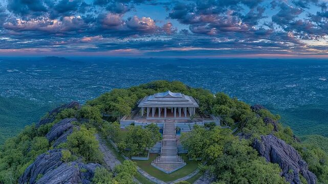 Majestic Aerial View of Vimana at Arunachala Hill, Tamil Nadu during twilight beautiful nature