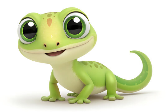 Adorable 3d cartoon gecko character with big expressive eyes isolated on white background - Powered by Adobe