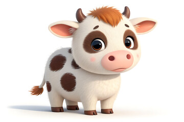 Adorable 3d cartoon calf with big eyes and spotted coat for kids isolated on white background