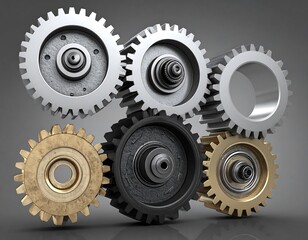 Interlocking gears in various sizes and metallic tones