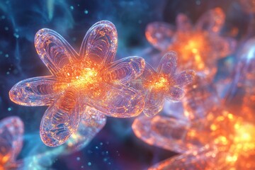 Intricate, glowing, flower-like structures, possibly representing atoms or cells, in a vibrant, cosmic setting.