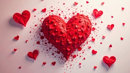 A large, textured heart, crafted from numerous smaller hearts, rests on a soft white background, surrounded by a scattering of tiny hearts, creating a romantic and heartfelt scene.