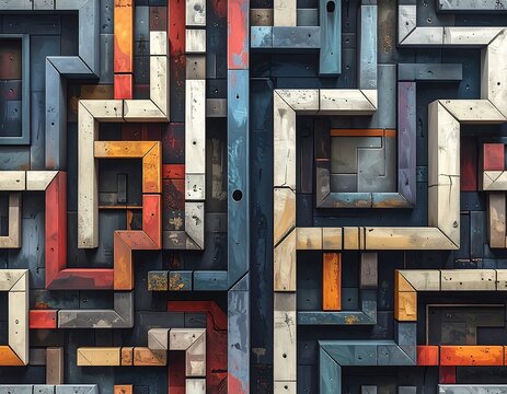 Intricate maze of colorful, textured blocks - Powered by Adobe