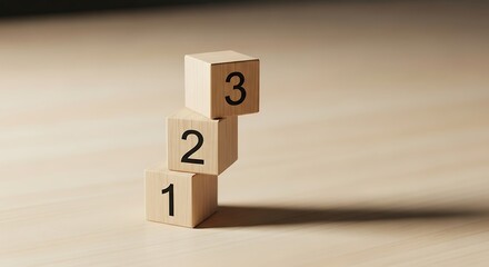 Wooden Blocks Numbered One Two Three Stacked in Growing Order on Light Wooden Surface