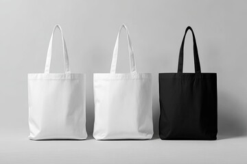 Three blank canvas tote bags on a plain background