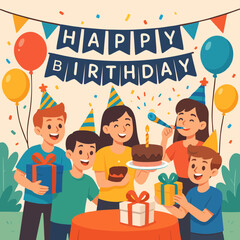 Classic birthday scene with cake, candles, gifts, and confetti under a colorful banner. Fun vector illustration for greeting cards and invitations.

