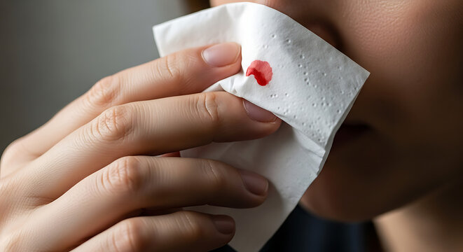 Close-up of a person managing a sudden nosebleed, holding a white tissue with a visible fresh blood spot