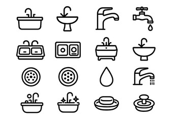 Diverse Sink Iconography. Sink icons icons in outline style: kitchen sink, bathroom sink, faucet, dripping tap, double sink, stainless steel sink,