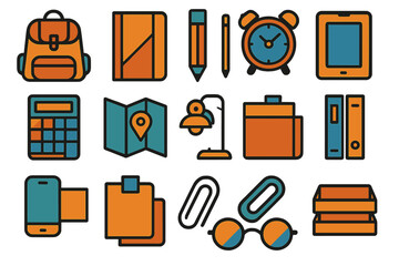 Abstract Icon Set. Preparation kit set of icons in abstract flat : backpack, notebook, pencil, ruler, calculator, map, alarm clock, digital tablet,