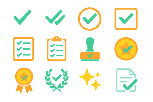 Vibrant Checklist Icons. Basic check mark in modern flat vector : single check, double check, circle with check, square with check, checklist,