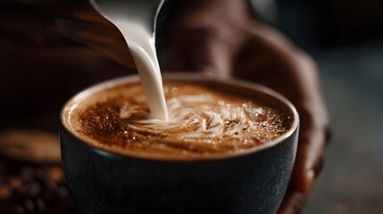 Barista pours milk into a coffee cup creating delicate latte art