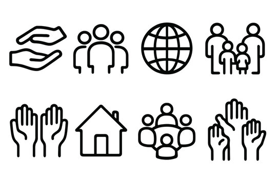 Community Support Icons. Community support icons in outline style: helping hand, group avatars, globe, family group, partnership bridge, raised hands