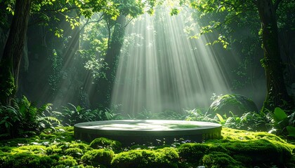 Lush forest scene with sunlight beams