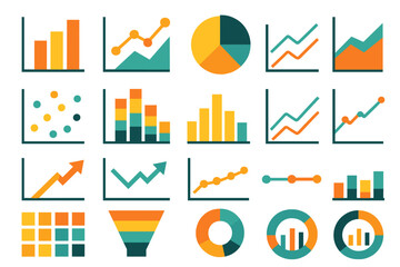 Chart Icons. Chart basics set of icons in abstract flat : bar chart, line graph, pie chart, area chart, scatter plot, stacked bars, histogram, dual