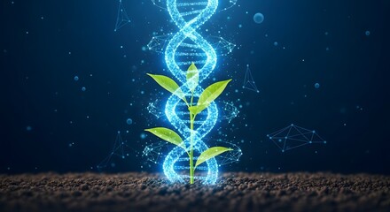 Obraz premium Plant sprout growing out of the soil following a glowing digital DNA strand. Genetic modification for stronger crops and agricultural biotechnology.