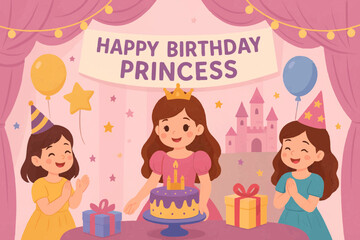 Cute princess birthday party with girl in crown, castle background, and balloons.