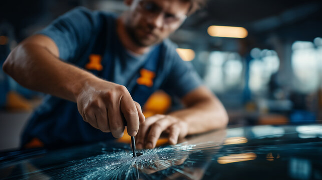 A technician repairs a windshield chip hyper realistic glass cracks with clear details moody shadows on the vehicle bright saturation in repair tools windshield repair auto