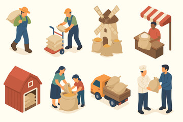 Grain Harvest Scenes. Situations set icons in modern isometric flat : farmer carrying sack, worker loading sacks, mill with grain bags, market vendor