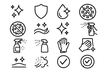 Sanitizing Icons Set. Sanitizing action icons in outline style: sparkle, shield, disinfectant droplet, virus icon crossed out, bacteria icon crossed