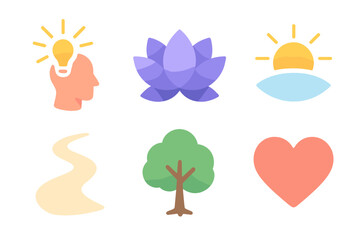 Obraz premium Personal Growth Icons. Personal growth set icons in modern isometric flat : motivation spark, lotus flower, sunrise, path, tree, heart