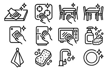 Kitchen Cleaning Icons. Kitchen wipe down icons in outline style: countertop, stove top, dining table, cutting board, refrigerator door, microwave,