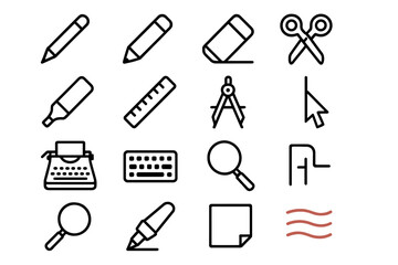 Outline Editing Icons. Editing tools icons in outline style: pen, pencil, eraser, scissors, highlighter, ruler, drafting compass, fountain pen,