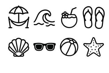Beach Relaxation Icons. Beach hammock set icons in outline style: hammock under umbrella, ocean wave, coconut drink, flip flops, seashell, sunglasses