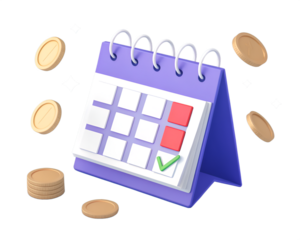 3d stylized calendar with coins and checkmark on black background illustration