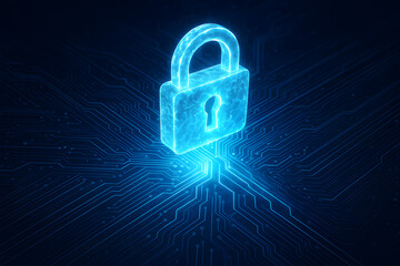 Glowing blue digital padlock symbolizing cybersecurity and secure data protection