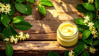 Jar of yellow cream with green leaves and white flowers on a rustic wooden surface