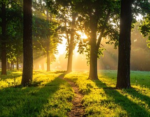 Sunlight streams through a tranquil forest path