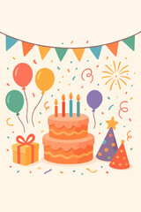  Balon, kue, dan bendera pesta warna-warni
