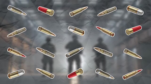 Cartridges of different calibers from different weapons move chaotically across the frame. Weapon concept. Smooth animation on color paper background