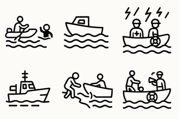 Rescue Boat Operations. Situations icons in outline style: rescue boat approaching victim, boat in flood waters, lifeguard in boat, rescue team in