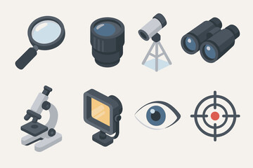 Isometric Vision Icons. Objects set icons in modern isometric flat : magnifying glass, camera lens, telescope, binoculars, microscope, spotlight, eye,