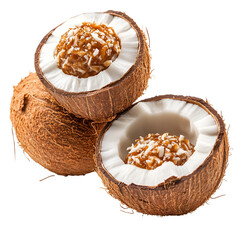 Two half coconuts filled with candy and one whole coconut, tropical dessert