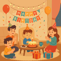 Family celebrating birthday party at home with cake and gifts.