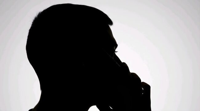 Dramatic silhouette of a man speaking on smartphone in deep thought on white background.