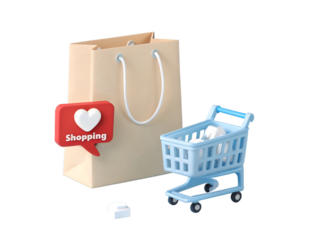 Beige shopping bag with blue cart and red shopping heart icon trolley commerce