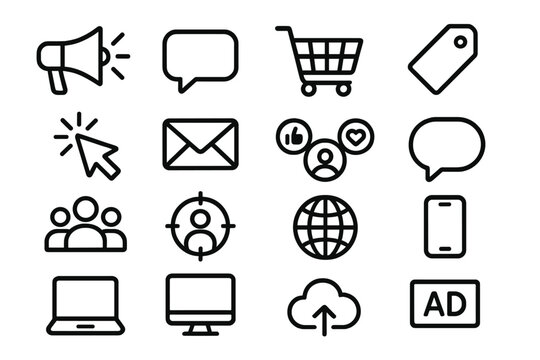 Digital Marketing Icons. Digital marketing icons in outline style: megaphone, speech bubble, shopping cart, price tag, click cursor, email envelope,