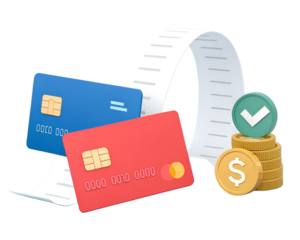 Blue and red credit cards with receipt and coins on black background debit card payment