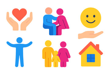Obraz premium Caring Icons Collection. Care and compassion in modern flat vector : helping hands, supportive figure, heart in hands, smiling face, guiding hand,