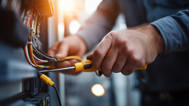 An electrician checks electrical equipment for repairs hyper realistic wiring details with clear textures moody shadows on the panel bright saturation in tools electrician