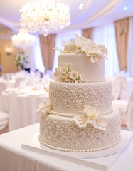 Elegant three tier white wedding cake decorated with intricate lace and sugar flowers.