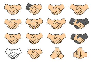 Diverse Handshake Icons. Handshake basics set icons in modern isometric flat : two hands shaking, firm handshake, gentle handshake, business handshake